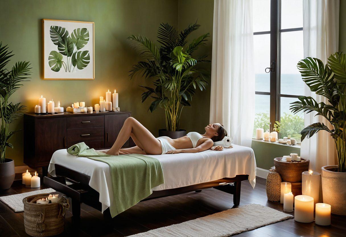 A serene spa setting featuring a relaxing room with soothing pastel colors, soft lighting, and elegant decor. Showcase a woman receiving a bikini waxing treatment, surrounded by luxurious self-care products like scented candles and essential oils. Include subtle elements that emphasize women's health, such as plants symbolizing growth and wellness. The atmosphere should exude tranquility and empowerment. super-realistic. vibrant colors. soft focus.