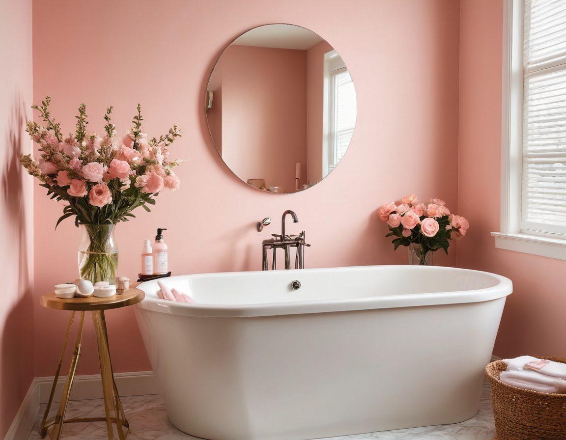 A serene and elegant bathroom scene showcasing a variety of intimate grooming tools including a bikini wax kit and Brazilian waxing supplies. Soft lighting enhances the clean and sophisticated vibe, with fresh flowers and calming colors like pastel pinks and creams. The focus is on a gentle, welcoming atmosphere that promotes self-care and confidence. minimalistic design, soft focus, and natural elements. super-realistic. vibrant colors.