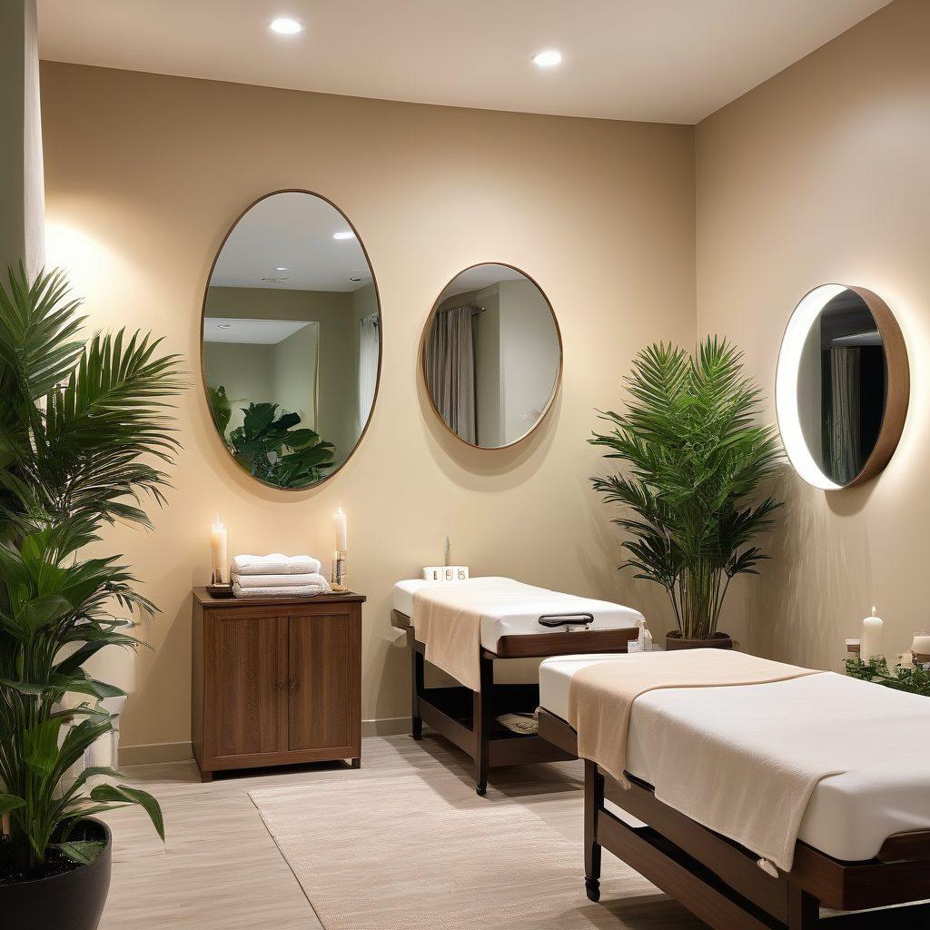 A serene and elegant aesthetic clinic with soft lighting, featuring a stylish waxing room adorned with plush decor. Portray a confident woman admiring herself in a mirror, radiating smooth skin and self-assurance. Include subtle elements like soothing candles and calming plants to evoke a sense of relaxation. super-realistic. warm tones. bright, inviting atmosphere.